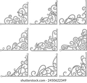 Wrought iron corner ornaments. A set of exquisite and very clean wrought iron ornamental designs, vector series, vinyl and laser ready. 