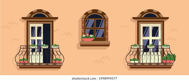 Wrought iron elegant ironwork decorative balconies doors window adorned southern lime plastered wall realistic background vector illustration