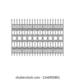 Wrought iron fence with decorative elements, protective barrier for house, garden, park vector Illustration on a white background