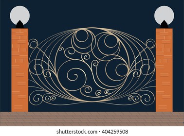 Wrought iron fence. Elegant fence with original vintage floral ornament and illumination lamps. Vector illustration