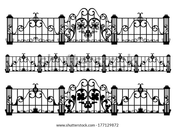 Wrought Iron Fence Gate Black White Stock Vector (Royalty Free) 177129872