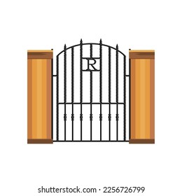 Ilustración vectorial de la valla de hierro forjado. Barrera señorial con puerta cerrada, adornos y decoración con letra R aislada en fondo blanco. Entrada, concepto de ciudad