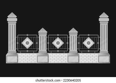 Wrought iron fence on brick and cement structure, For home or any important and beautiful place, vector illustration.