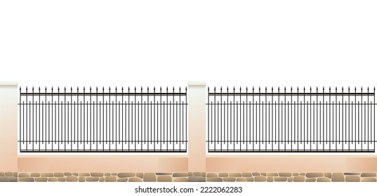 Wrought iron fence with plastered brick pillars and stone foundation. Horizontal seamless design. Isolated on white background Vector.