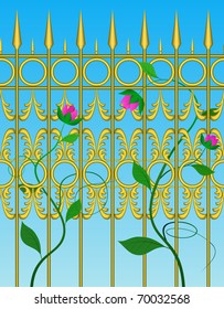 Wrought iron fence and rose are shown in the picture.