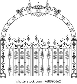 Wrought Iron Gate With Arch Vector Art Illustration