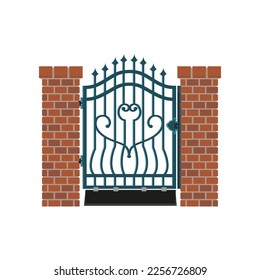 Wrought iron gate with brick wall vector illustration. Manor barrier with closed door, ornaments and decoration isolated on white background. Entrance, city concept