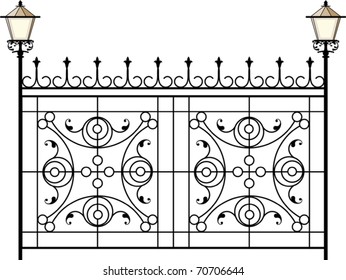 Wrought Iron Gate, Fence with lamp