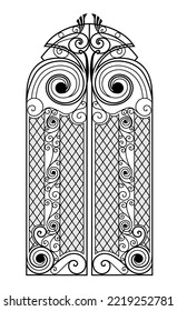 Wrought iron gate and fence.Black metal gate with forged ornaments on a white background.decorated steel vector mansion entrance. Antique vintage architecture object, facade black Victorian grate.