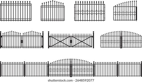 Ilustrações de grade de ferro forjado. Entrada de cerca de metal preto em estilos diferentes. Silhueta de uma cerca de aço vitoriana.