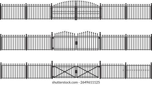 Ilustrações de grade de ferro forjado. Entrada de cerca de metal preto em estilos diferentes. Silhueta de uma cerca de aço vitoriana.