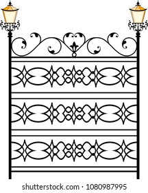 Wrought Iron Gate With Lamp Design Vector Art Illustration