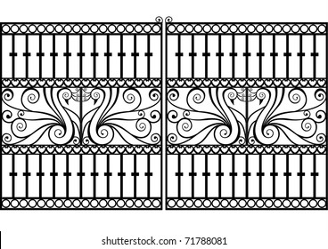 Wrought iron gate with peacock or swan with swirls and scrolls