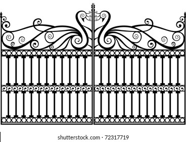 Wrought iron gate with peacock or swan with swirls and scrolls