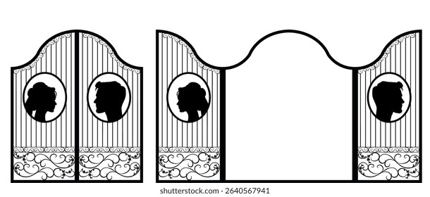 Wrought iron gate. Vintage wedding invitation card. Silhouette of princess and prince. Bride and groom. Stencil Style Castle core. Vector