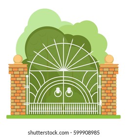 Wrought iron gates at the entrance to the garden. The style flat. Vector.