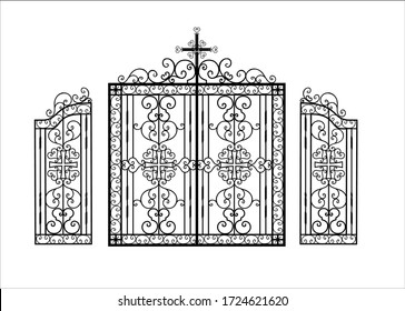Wrought iron gates for a temple or church. Christian religion pattern. The fence is made of metal. Art hot forging. Vector illustration.