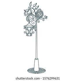 Wrought iron lantern on a pole, black and white linear clip-art on a white isolated background