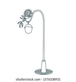 Wrought iron lantern with a round lampshade on a pole, black and white clip-art on a white isolated background