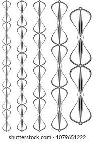 Wrought iron modular railings and fences. close-up of worked iron for decoration, metal elements forged wrought iron gates. Ornaments of iron or metal, different sizes. Vector illustration isolated 