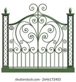 wrought iron railing with scrolls on white background.