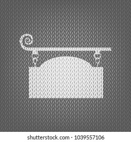 Wrought iron sign for old-fashioned design. Vector. White knitted icon on gray knitted background. Isolated.