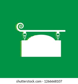 Wrought iron sign for old-fashioned design. Vector. White flat icon with yellow striped shadow at green background.