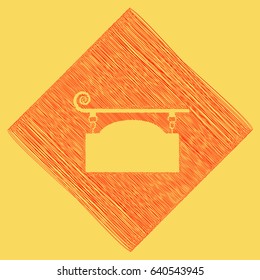 Wrought iron sign for old-fashioned design. Vector. Red scribble icon obtained as a result of subtraction rhomb and path. Royal yellow background.