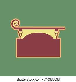 Wrought iron sign for old-fashioned design. Vector. Cordovan icon and mellow apricot halo with light khaki filled space at russian green background.