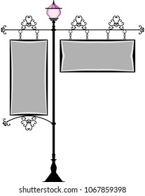 Wrought Iron Signage With Lamp, Lantern Vector Illustration