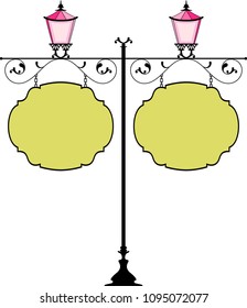 Wrought Iron Signage With Lamp, Lantern Vector Illustration