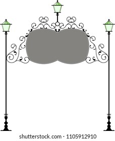 Wrought Iron Signage With Lamp, Lantern Vector Illustration