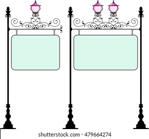 Wrought Iron Signage With Lamp, Lantern Vector Illustration