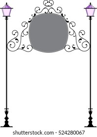 Wrought Iron Signage With Lamp, Lantern Vector Illustration