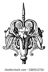 Wrought-Iron Finial is a 16th century design, wide variety, spear, points, custom, vintage line drawing or engraving illustration.