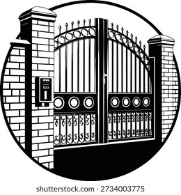 A wrought-iron gate is the central subject of the image. The gate features a decorative arch with circular and vertical bar elements, hinting at a classical or vintage design. It is set within a structure of light-colored bri
