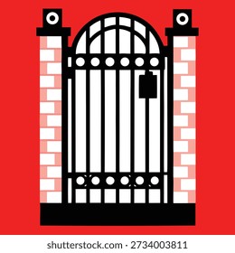A wrought-iron gate is the central subject of the image. The gate features a decorative arch with circular and vertical bar elements, hinting at a classical or vintage design. It is set within a structure of light-colored bri