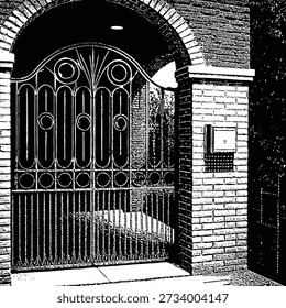 A wrought-iron gate is the central subject of the image. The gate features a decorative arch with circular and vertical bar elements, hinting at a classical or vintage design. It is set within a structure of light-colored bri
