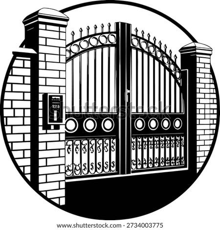 A wrought-iron gate is the central subject of the image. The gate features a decorative arch with circular and vertical bar elements, hinting at a classical or vintage design. It is set within a structure of light-colored bri