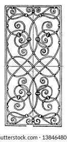 El Wrought-Iron Grill Oblong Panel es un diseño del siglo XVII que se encuentra en Turingia, dibujo vintage de líneas o ilustración de grabado.