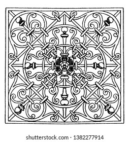 Wrought-Iron Square Panel design made by George Klain, vintage line drawing or engraving illustration.