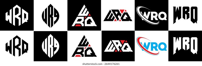 WRQ letter logo design in six style. WRQ polygon, circle, triangle, hexagon, flat and simple style with black and white color variation letter logo set in one artboard. WRQ minimalist and classic logo