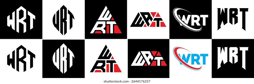 WRT letter logo design in six style. WRT polygon, circle, triangle, hexagon, flat and simple style with black and white color variation letter logo set in one artboard. WRT minimalist and classic logo