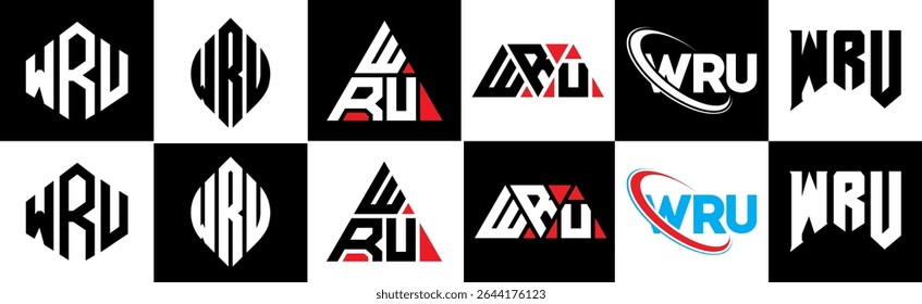 WRU letter logo design in six style. WRU polygon, circle, triangle, hexagon, flat and simple style with black and white color variation letter logo set in one artboard. WRU minimalist and classic logo