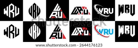 WRU letter logo design in six style. WRU polygon, circle, triangle, hexagon, flat and simple style with black and white color variation letter logo set in one artboard. WRU minimalist and classic logo