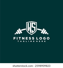 WS initial monogram for fitnes or gym logo with creative shield and barbell design