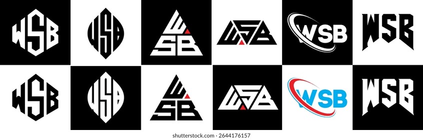 WSB letter logo design in six style. WSB polygon, circle, triangle, hexagon, flat and simple style with black and white color variation letter logo set in one artboard. WSB minimalist and classic logo