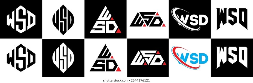 WSD letter logo design in six style. WSD polygon, circle, triangle, hexagon, flat and simple style with black and white color variation letter logo set in one artboard. WSD minimalist and classic logo