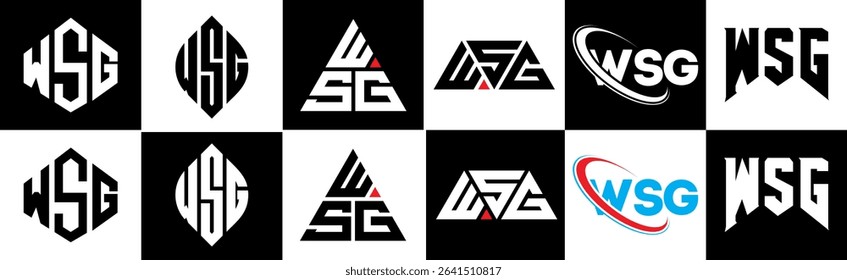 WSG letter logo design in six style. WSG polygon, circle, triangle, hexagon, flat and simple style with black and white color variation letter logo set in one artboard. WSG minimalist and classic logo