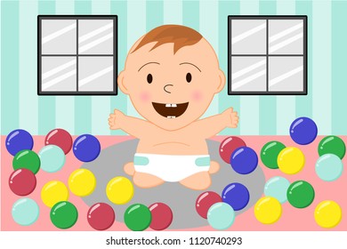 W-sitting baby sit on the floor with many colorful plastic balls to play with